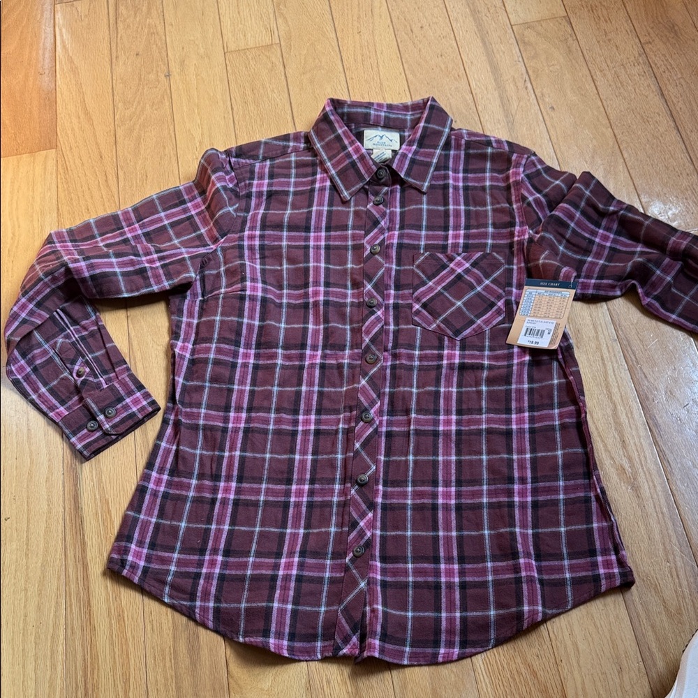 nwt brown and pink women's flannel plaid shirt size medium by blue Mountain